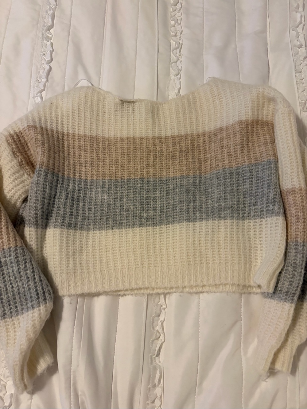 Cream Stripe Crewneck Sweater with Gray & Light Brown Bands - Picture 3 of 3